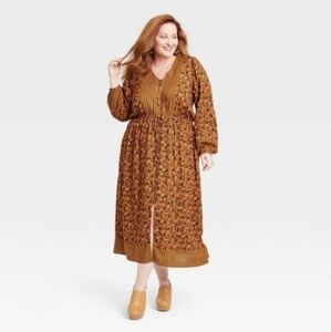 Womens Plus Size Long Sleeve Button Front Dress Knox Rose Brown Rust Sz XXL